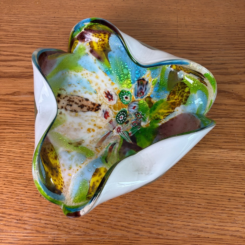 Vintage Murano Art Glass Bowl Gold Fleck Trifold White Green Tutti Fruitti